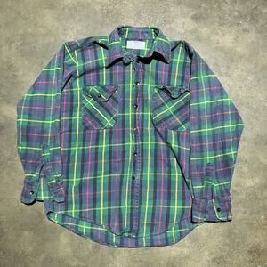 Vintage 70s VIP Green/Navy Plaid Cotton Flannel Shirt